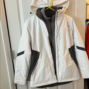 White and Gray Hooded Ski Jacket